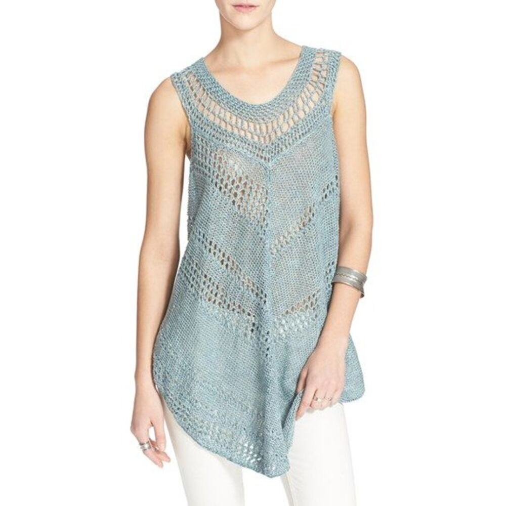 Free People Rhiannon Linen Blend Dusty Blue Knit Poncho Tunic Oversized NWT XS